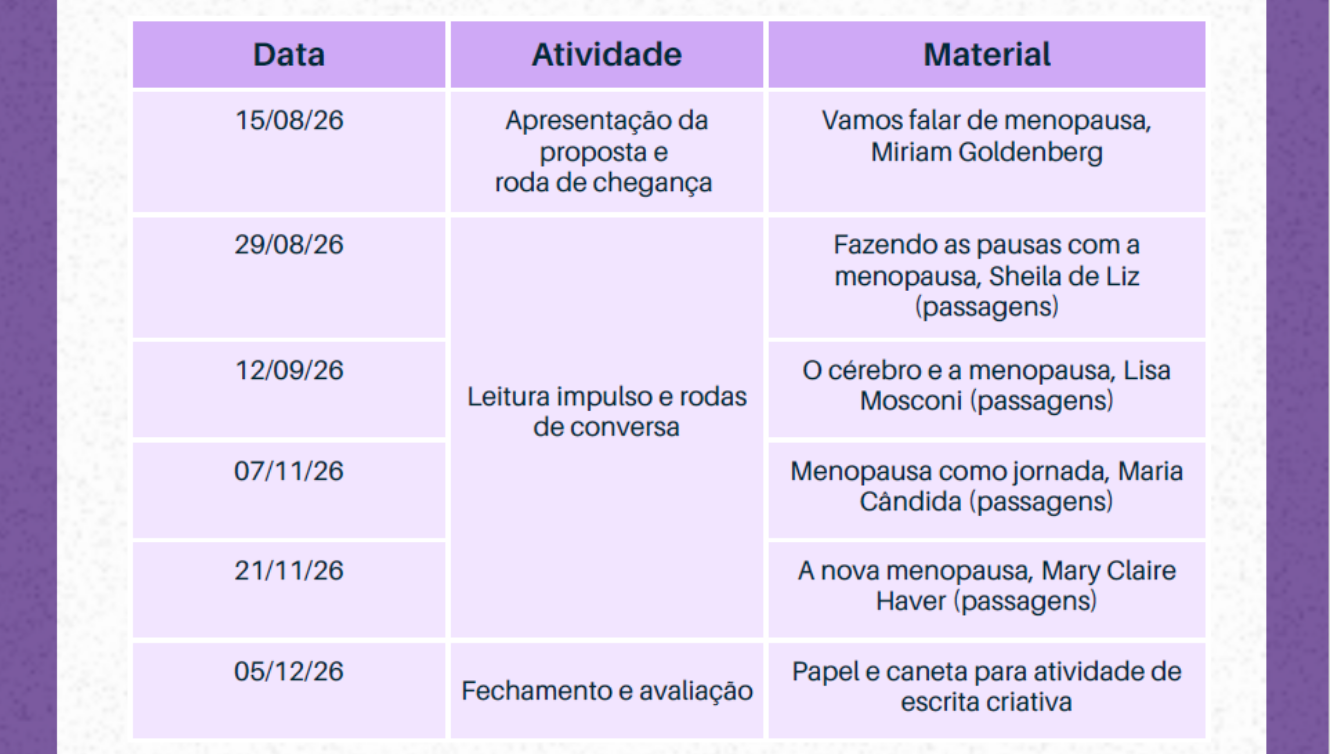 O GT Saúde das Mulheres em Escolas e IES, do INCT Caleidoscópio, e o Núcleo de Estudos de Linguagem e Sociedade (NELiS/CEAM/UnB) realizam, entre agosto e dezembro, a Hora da Pausa (Menopausa): rodas de conversa.